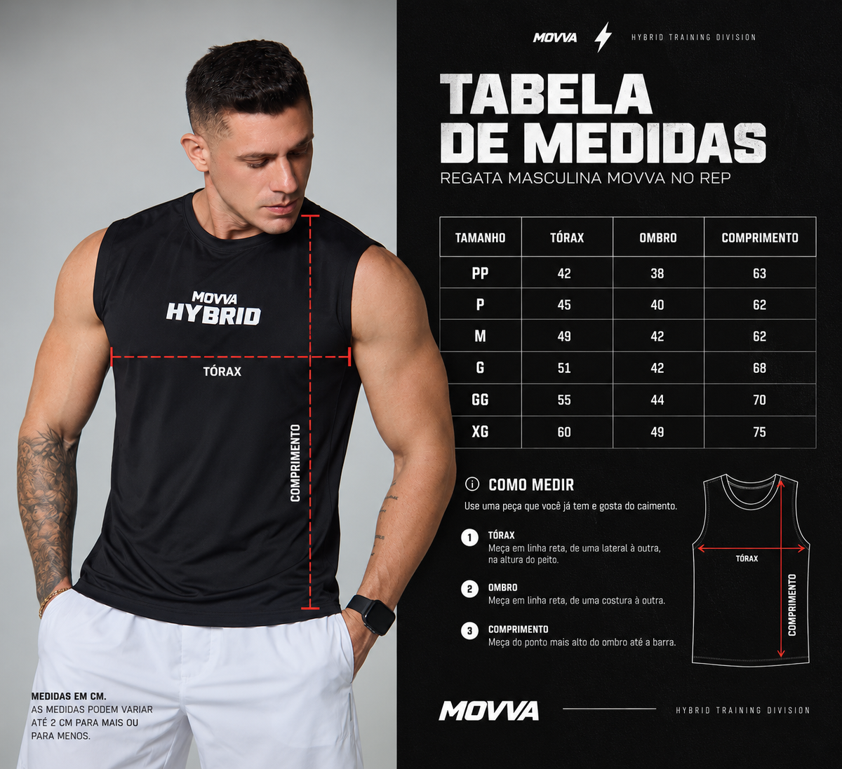 Tabela de medidas Regata Masculina MOVVA NO REP - Hybrid Training Division