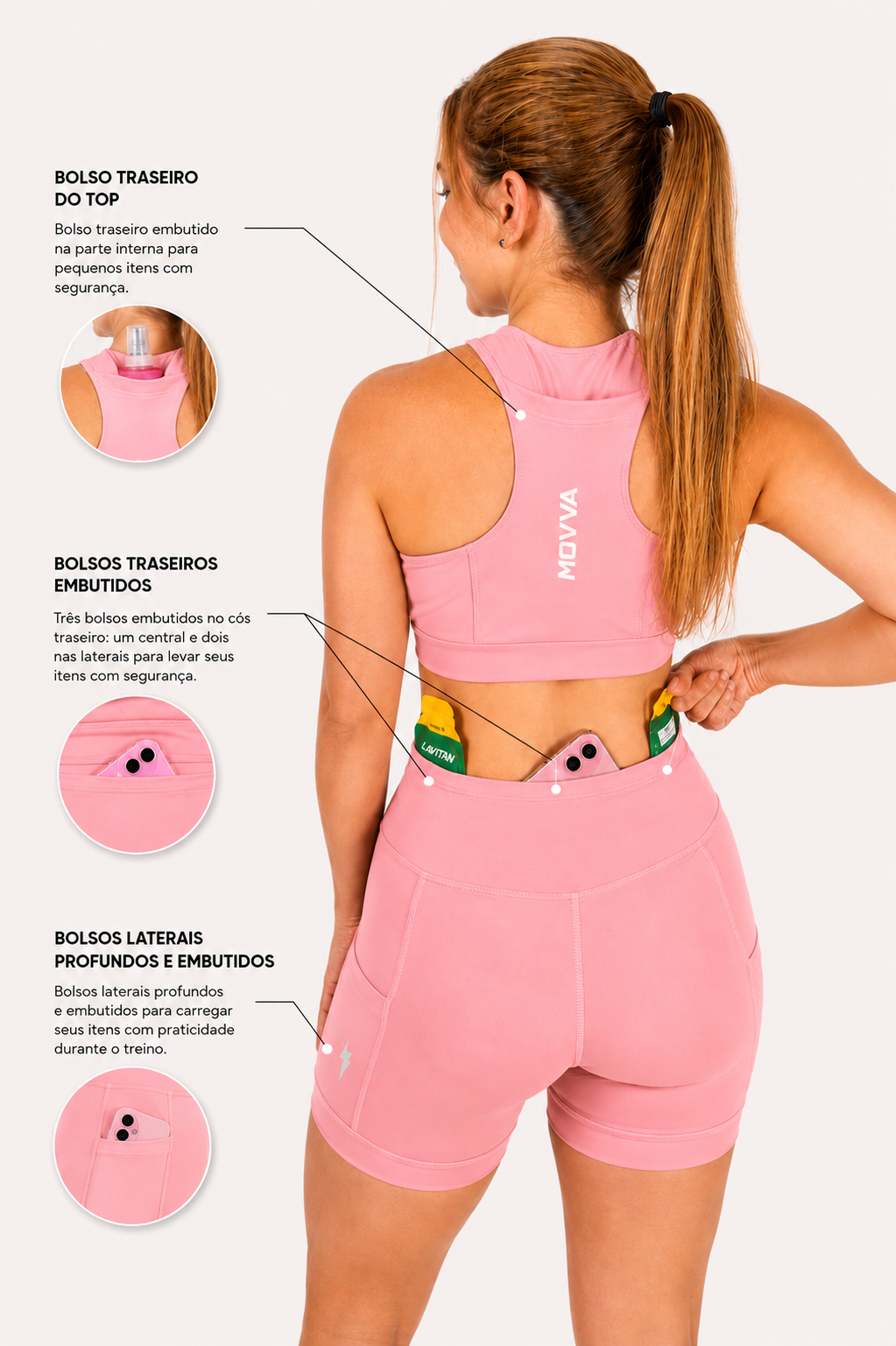 MOVVA ULTRA Feminino Rosa - costas com bolsos