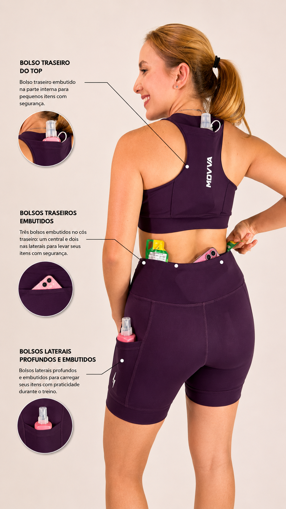 MOVVA ULTRA Feminino Roxo - costas com bolsos